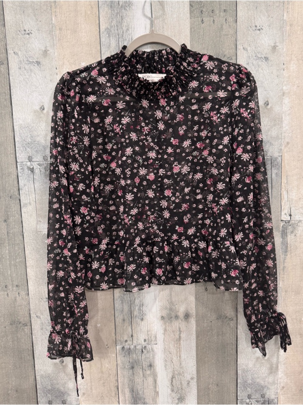 BCBGeneration Black Sheer Floral Ruffle Neck Blouse Sz. M - Picture 3 of 10